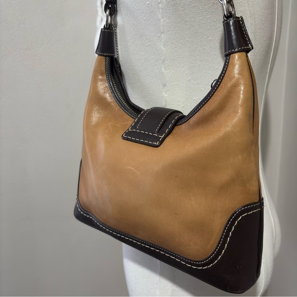 Y2K Vintage Rare Brown Hobo Shoulder Purse C Logo Two Tone Leather Canvas Bag - Picture 6 of 16